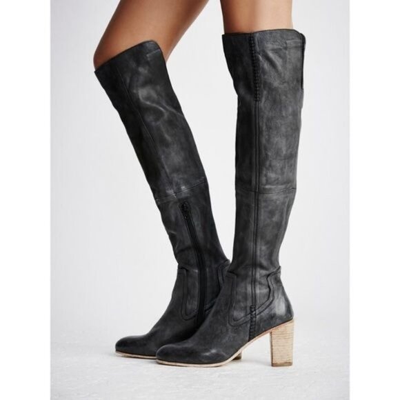 FREE PEOPLE Jack Over-the-Knee Tall Heel Boot 36 Black Shadow Leather Distressed - Picture 1 of 11